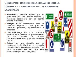 CONCEPTOS BÁSICOS RELACIONADOS CON LA
HIGIENE Y LA SEGURIDAD EN LOS AMBIENTES
LABORALES
 accidente : cualquier suceso que es
provocado por una acción violenta y
repentina ocasionada por un agente
externo involuntario
 Riesgo: es la vulnerabilidad ante un
potencial perjuicio o daño para las
unidades, personas, organizaciones o
entidades
 factor de riesgo: es toda circunstancia o
situación que aumenta las probabilidades
de una persona de contraer
una enfermedad o cualquier otro problema
de salud.
 Peligro: es una situación que se
caracteriza por la "viabilidad de ocurrencia
de un incidente potencialmente dañino", es
decir, un suceso apto para crear daño
sobre bienes jurídicos protegidos
 