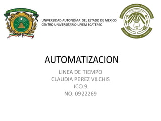 UNIVERSIDAD AUTONOMA DEL ESTADO DE MÉXICO
CENTRO UNIVERSITARIO UAEM ECATEPEC

AUTOMATIZACION
LINEA DE TIEMPO
CLAUDIA PEREZ VILCHIS
ICO 9
NO. 0922269

 