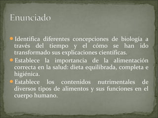Identifica diferentes concepciones de biología a
 través del tiempo y el cómo se han ido
 transformado sus explicaciones científicas.
Establece la importancia de la alimentación
 correcta en la salud: dieta equilibrada, completa e
 higiénica.
Establece los contenidos nutrimentales de
 diversos tipos de alimentos y sus funciones en el
 cuerpo humano.
 