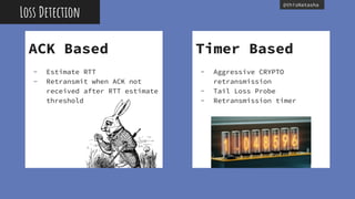 @thisNatasha
ACK Based
- Estimate RTT
- Retransmit when ACK not
received after RTT estimate
threshold
Timer Based
- Aggressive CRYPTO
retransmission
- Tail Loss Probe
- Retransmission timer
Loss Detection
 
