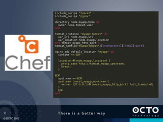 11
© OCTO 2012
include_recipe "tomcat"
include_recipe "nginx"
directory node.myapp.home do
owner node.tomcat.user
end
tomcat_instance "myapp:tomcat" do
war_url node.myapp.url
war_location node.myapp.location
end tomcat_myapp_http_port =
tomcat_config("myapp:tomcat")[:connectors][:http][:port]
nginx_add_default_location "myapp" do
content <<-EOF
location #{node.myapp.location} {
proxy_pass http://tomcat_myapp_upstream;
break;
}
EOF
upstream <<-EOF
upstream tomcat_myapp_upstream {
server 127.0.0.1:#{tomcat_myapp_http_port} fail_timeout=0;
}
EOF
end
 