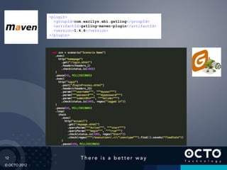 12
© OCTO 2012
<plugin>
<groupId>com.excilys.ebi.gatling</groupId>
<artifactId>gatling-maven-plugin</artifactId>
<version>1.4.6</version>
</plugin>
 