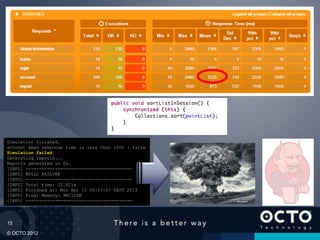 15
© OCTO 2012
Simulation finished.
account mean response time is less than 1000 : false
Simulation failed.
Generating reports...
Reports generated in 0s.
[INFO] ----------------------------------------
[INFO] BUILD FAILURE
[INFO] ----------------------------------------
[INFO] Total time: 32.411s
[INFO] Finished at: Mon Apr 15 00:23:07 CEST 2013
[INFO] Final Memory: 9M/120M
[INFO] ----------------------------------------
 