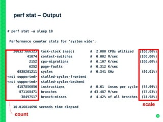 36
perf stat – Output
# perf stat -a sleep 10
Performance counter stats for 'system wide':
20032.666323 task-clock (msec) # 2.000 CPUs utilized (100.00%)
41074 context-switches # 0.002 M/sec (100.00%)
2152 cpu-migrations # 0.107 K/sec (100.00%)
6252 page-faults # 0.312 K/sec
6838201211 cycles # 0.341 GHz (50.01%)
<not supported> stalled-cycles-frontend
<not supported> stalled-cycles-backend
4157856056 instructions # 0.61 insns per cycle (74.99%)
871168471 branches # 43.487 M/sec (75.03%)
38497517 branch-misses # 4.42% of all branches (74.98%)
10.016014696 seconds time elapsed
count
scale
 