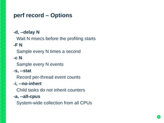 55
perf record – Options (cont’d)
-g
Enable call-graph recording
--call-graph <type>
Setup and enable call-graph recording...