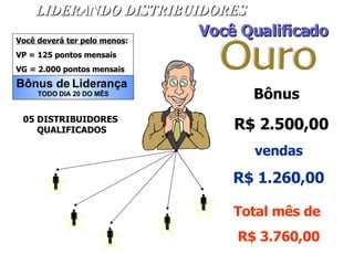 Ouro LIDERANDO DISTRIBUIDORES Bônus de Liderança TODO DIA 20 DO MÊS Você deverá ter pelo menos :   VP = 125 pontos mensais VG = 2.000 pontos mensais 05 DISTRIBUIDORES  QUALIFICADOS  Você Qualificado Bônus  R$ 2.500,00 vendas R$ 1.260,00 Total mês de   R$ 3.760,00      $ $ 