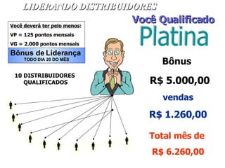 Platina LIDERANDO DISTRIBUIDORES Bônus de Liderança TODO DIA 20 DO MÊS Você deverá ter pelo menos :   VP = 125 pontos mensais VG = 2.000 pontos mensais Você Qualificado 10 DISTRIBUIDORES  QUALIFICADOS  Bônus   R$ 5.000,00 vendas R$ 1.260,00 Total mês de   R$ 6.260,00           $ $ 