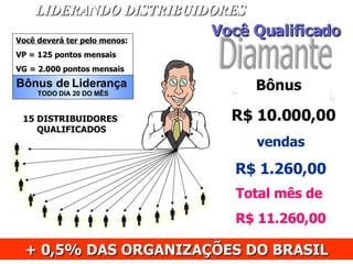 Diamante LIDERANDO DISTRIBUIDORES + 0,5% DAS ORGANIZAÇÕES DO BRASIL Bônus de Liderança TODO DIA 20 DO MÊS Você deverá ter pelo menos :   VP = 125 pontos mensais VG = 2.000 pontos mensais 15 DISTRIBUIDORES  QUALIFICADOS  Você Qualificado Bônus   R$ 10.000,00 vendas R$ 1.260,00 Total mês de   R$ 11.260,00                $ $ 