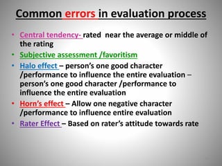 Common errors in evaluation process 
• Central tendency- rated near the average or middle of 
the rating 
• Subjective assessment /favoritism 
• Halo effect – person’s one good character 
/performance to influence the entire evaluation – 
person’s one good character /performance to 
influence the entire evaluation 
• Horn’s effect – Allow one negative character 
/performance to influence entire evaluation 
• Rater Effect – Based on rater’s attitude towards rate 
14 
 