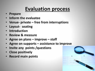 Evaluation process 
• Prepare 
• Inform the evaluatee 
• Venue- private – free from interruptions 
• Layout- seating 
• Introduction 
• Review & measure 
• Agree on plans – improve – staff 
• Agree on supports – assistance to improve 
• Invite any points /questions 
• Close positively 
• Record main points 
19 
 