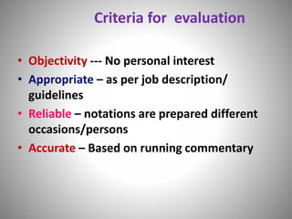 Criteria for evaluation 
• Objectivity --- No personal interest 
• Appropriate – as per job description/ 
guidelines 
• Reliable – notations are prepared different 
occasions/persons 
• Accurate – Based on running commentary 
7 
 