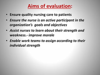 Aims of evaluation: 
• Ensure quality nursing care to patients 
• Ensure the nurse is an active participant in the 
organization’s goals and objectives 
• Assist nurses to learn about their strength and 
weakness.- improve morale 
• Enable work teams to assign according to their 
individual strength 
9 
 