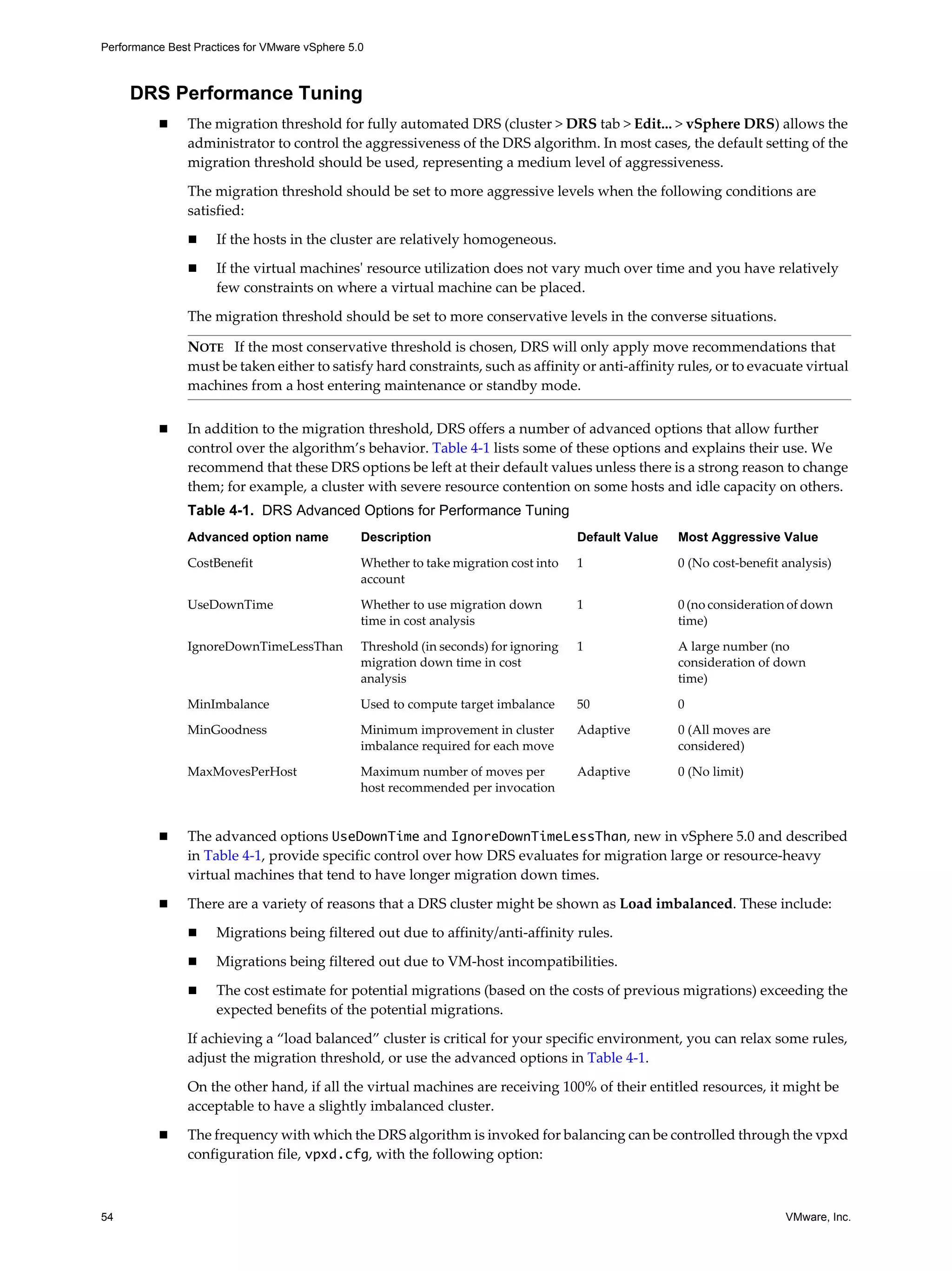 Performance Best Practices for VMware vSphere 5.0
54 VMware, Inc.
DRS Performance Tuning
The migration threshold for fully automated DRS (cluster > DRS tab > Edit... > vSphere DRS) allows the
administrator to control the aggressiveness of the DRS algorithm. In most cases, the default setting of the
migration threshold should be used, representing a medium level of aggressiveness.
The migration threshold should be set to more aggressive levels when the following conditions are
satisfied:
If the hosts in the cluster are relatively homogeneous.
If the virtual machines' resource utilization does not vary much over time and you have relatively
few constraints on where a virtual machine can be placed.
The migration threshold should be set to more conservative levels in the converse situations.
In addition to the migration threshold, DRS offers a number of advanced options that allow further
control over the algorithm’s behavior. Table 4-1 lists some of these options and explains their use. We
recommend that these DRS options be left at their default values unless there is a strong reason to change
them; for example, a cluster with severe resource contention on some hosts and idle capacity on others.
The advanced options UseDownTime and IgnoreDownTimeLessThan, new in vSphere 5.0 and described
in Table 4-1, provide specific control over how DRS evaluates for migration large or resource-heavy
virtual machines that tend to have longer migration down times.
There are a variety of reasons that a DRS cluster might be shown as Load imbalanced. These include:
Migrations being filtered out due to affinity/anti-affinity rules.
Migrations being filtered out due to VM-host incompatibilities.
The cost estimate for potential migrations (based on the costs of previous migrations) exceeding the
expected benefits of the potential migrations.
If achieving a “load balanced” cluster is critical for your specific environment, you can relax some rules,
adjust the migration threshold, or use the advanced options in Table 4-1.
On the other hand, if all the virtual machines are receiving 100% of their entitled resources, it might be
acceptable to have a slightly imbalanced cluster.
The frequency with which the DRS algorithm is invoked for balancing can be controlled through the vpxd
configuration file, vpxd.cfg, with the following option:
NOTE If the most conservative threshold is chosen, DRS will only apply move recommendations that
must be taken either to satisfy hard constraints, such as affinity or anti-affinity rules, or to evacuate virtual
machines from a host entering maintenance or standby mode.
Table 4-1. DRS Advanced Options for Performance Tuning
Advanced option name Description Default Value Most Aggressive Value
CostBenefit Whether to take migration cost into
account
1 0 (No cost-benefit analysis)
UseDownTime Whether to use migration down
time in cost analysis
1 0 (no consideration of down
time)
IgnoreDownTimeLessThan Threshold (in seconds) for ignoring
migration down time in cost
analysis
1 A large number (no
consideration of down
time)
MinImbalance Used to compute target imbalance 50 0
MinGoodness Minimum improvement in cluster
imbalance required for each move
Adaptive 0 (All moves are
considered)
MaxMovesPerHost Maximum number of moves per
host recommended per invocation
Adaptive 0 (No limit)
 