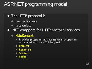 115




 HttpContext

 Request
 Response
 Session
 Cache
 