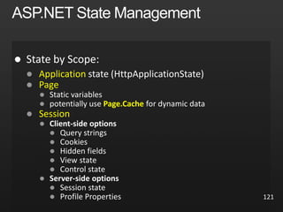 121

 Application HttpApplicationState
 Page

 Page.Cache
 Session









 