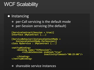 


[ServiceContract(Session = true)]
interface IMyContract {...}
[ServiceBehavior(InstanceContextMode =
InstanceContextMode.PerSession)]
class MyService : IMyContract {...}
<netTcpBinding>
<binding name="TCPSession">
<reliableSession enabled="true"
inactivityTimeout="00:25:00"/>
</binding>
</netTcpBinding>

 