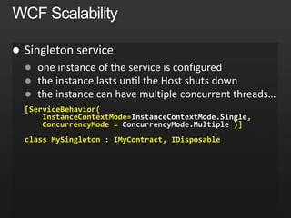 



[ServiceBehavior(
InstanceContextMode=InstanceContextMode.Single,
ConcurrencyMode = ConcurrencyMode.Multiple )]
class MySingleton : IMyContract, IDisposable
 