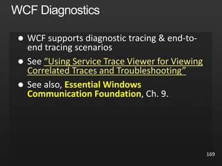 169

 “Using Service Trace Viewer for Viewing
Correlated Traces and Troubleshooting”
 Essential Windows
Communication Foundation
 