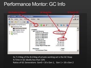 Set Display to Report GC Heap Size
So 7.3 Meg of the 8.6 Meg of private working set is the GC Heap
% Time in GC ideally less than 10%
Ratios of GC Generations Gen0 = 10 x Gen 1, Gen 1 = 10 x Gen 2
% Time in GC
 