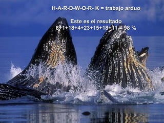 H-A-R-D-W-O-R- K = trabajo arduo   Este es el resultado 8+1+18+4+23+15+18+11 = 98 % 
