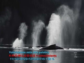 Valoricemos esta otra palabra K-N-O-W-L-E-D-G-E = conocimiento   11+14+15+23+12+5+4+7+5 = 96 %   