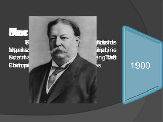 Dec 23.
Jun 3.
Mar 16.
Jan 31.
US Taft Commission appoints
ThePresident McKinleyarrives in
A
Schurrman Commission
Filipino
organization, the
Manila.
the
returns to the US. Partido Liberal, is
second
Philippine
established with the aim of the the
Commission, known as havingTaft
Philippines join
Commission. the United States.

1900
1901
1902
1903
1904
1906
1907
1909
1913
1911

 
