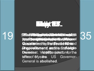 Nov 15.
Feb 15.
Sept 23.
May 8.
Mar 14.
Feb 17.

19

The PhilippineFranklin Roosevelt
US PresidenttheConstitution isfirst
Members of electorateits
The Philippine Commonwealth
holds ratifies
StrikesPhilippines Constitutional
and protests, which reject
is Convention in a referendum.
presidential signed. with Manuel
the Constitution approve thethe
approves the Constitution.Manuel
election.
theinaugurated and favor
Constitution
Quezon
Quezon as theofisvote of 177 to
Constitution by a a President and
establishment first Soviet elected
form
Sergio Osmena accelerate VicePresident,
1.as
Sergio
of government, andthe first until
President. At this juncture,
Osmena Vice-President for the
a
1940.
office of the
term of 6 years. US GovernorGeneral is abolished.

35

 