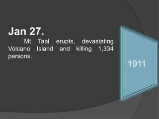 Jan 27.	Mt Taal erupts, devastating Volcano Island and killing 1,334 persons.19131911