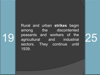 19 25Rural and urban strikes begin among the discontented peasants and workers of the agricultural and industrial sectors. They continue until 1939.