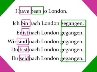 I have been to London.
Ich bin nach London gegangen.
Er ist nach London gegangen.
Wir sind nach London gegangen.
Du bist nach London gegangen.
Ihr seidnach London gegangen.

 