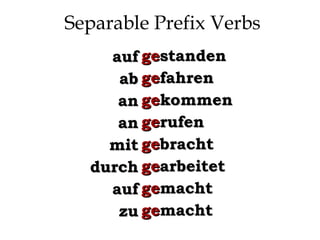 Separable Prefix Verbs
auf gestanden
aufstehen
ab gefahren
abfahren
an gekommen
ankommen
rufen
an geanrufen
mit gebracht
mitbringen
durch gearbeitet
durcharbeiten
auf gemacht
aufmachen
gemacht
zuzumachen

 
