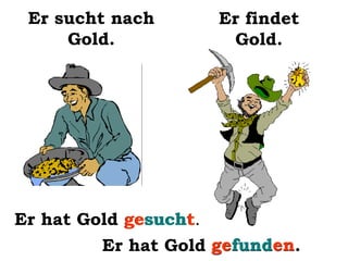 Er sucht nach
Gold.

Er findet
Gold.

Er hat Gold gesucht.
gesucht
Er hat Gold gefunden
gefunden.

 