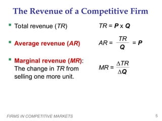 FIRMS IN COMPETITIVE MARKETS 5
The Revenue of a Competitive Firm
 Total revenue (TR)
 Average revenue (AR)
 Marginal revenue (MR):
The change in TR from
selling one more unit.
∆TR
∆Q
MR =
TR = P x Q
TR
Q
AR = = P
 