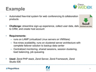 10
Example
• Automated free-trial system for web conferencing & collaboration
products
• Challenge: streamline sign-up experience, collect user data, deliver
to CRM, and create host account
• Requirements:
– runs on LAMP (virtualized Linux servers on VMWare)
– five-nines availability, runs on clustered server architecture with
complete failover solution to backup data center
– Centralized monitoring, shared sessions, session clustering,
load balancing, job queueing
• Used: Zend PHP stack, Zend Server, Zend Framework, Zend
Studio IDE
Download case study
 