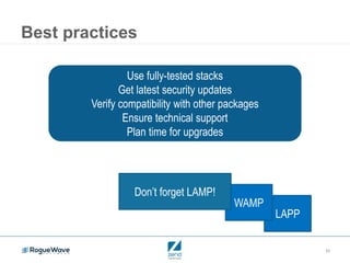 15
LAPP
WAMP
Best practices
Use fully-tested stacks
Get latest security updates
Verify compatibility with other packages
Ensure technical support
Plan time for upgrades
Don’t forget LAMP!
 