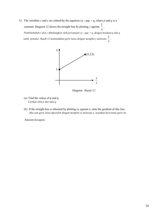 12. The variables x and y are related by the equation xy - pqx = q, where p and q is a
constant. Diagram 12 shows the straight line by plotting y against

1
.
x

Pembolehubah x dan y dihubungkan oleh persamaan xy - pqx = q, dengan keadaan p dan q
ialah pemalar. Rajah 12 menunjukkan garis lurus dengan memplot y melawan

1
.
x

y
(5,13)

3

Diagram /Rajah 12
(a) Find the values of p and q.
Carikan nilai p dan nilai q.

(b) If the straight line is obtained by plotting xy against x, state the gradient of this line.
Jika satu garis lurus diperoleh dengan memplot xy melawan x, nyatakan kecerunan garis ini

Answer/Jawapan:

24

 