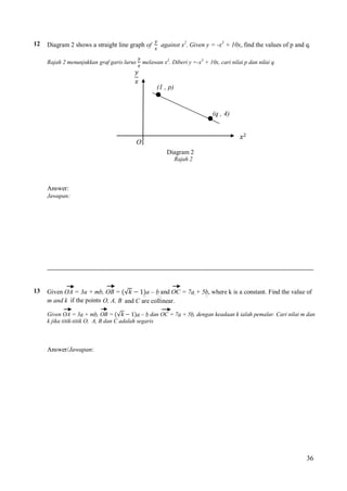 12

Diagram 2 shows a straight line graph of

against x2. Given y = -x3 + 10x, find the values of p and q.

melawan x2. Diberi y =-x3 + 10x, cari nilai p dan nilai q.

Rajah 2 menunjukkan graf garis lurus

𝑦
𝑥

(1 , p)

(q , 4)
𝑥2

O
Diagram 2
Rajah 2

Answer:
Jawapan:

13

Given OA = 3a + mb, OB = √
a – b and OC = 7a + 5b, where k is a constant. Find the value of
m and k if the points O, A, B and C are collinear.
Given OA = 3a + mb, OB = √
a – b dan OC = 7a + 5b, dengan keadaan k ialah pemalar. Cari nilai m dan
k jika titik-titik O, A, B dan C adalah segaris
.

Answer/Jawapan:

36

 