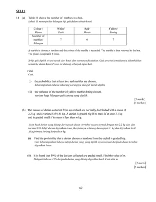 SULIT
11

(a)

Table 11 shows the number of marbles in a box.
Jadual 11 menunjukkan bilangan biji guli dalam sebuah kotak.

Colour /

White/

Red/

Yellow/

Warna

Putih

Merah

Kuning

Number of
marbles/

7

6

7

Bilangan
A marble is chosen at random and the colour of the marble is recorded. The marble is then returned to the box.
The proces is repeated 8 times.
Sebiji guli dipilih secara rawak dari kotak dan warnanya dicatatkan. Guli tersebut kemudiannya dikembalikan
semula ke dalam kotak.Proses ini diulang sebanyak lapan kali.

Find,
Cari,

(i)

the probability that at least two red marbles are chosen,
kebarangkalian bahawa sekurang-kurangnya dua guli merah dipilih,

(ii)

the variance of the number of yellow marbles being chosen.
varians bagi bilangan guli kuning yang dipilih.
[5 marks]
[5 markah]

(b) The masses of durian collected from an orchard are normally distributed with a mean of
2.2 kg and a variance of 0.81 kg. A durian is graded big if its mass is at least 3.1 kg
and is graded small if its mass is less than m kg.
Jisim buah durian yang dikutip dari sebuah dusun bertabur secara normal dengan min 2.2 kg dan dan
varians 0.81.Sebiji durian digredkan besar jika jisimnya sekurang-kurangnya 3.1 kg dan digredkan kecil
jika jisimnya kurang daripada m kg.

(i)

Find the probability that a durian chosen at random from the orchid is graded big.
Cari kebarangkalian bahawa sebiji durian yang yang dipilih secara rawak daripada dusun tersebut
digredkan besar.

(ii)

It is found that 19% of the durians collected are graded small. Find the value of m.
Didapati bahawa 19% daripada durian yang dikutip digredkan kecil. Cari nilai m.

[5 marks]
[5 markah]

62

 