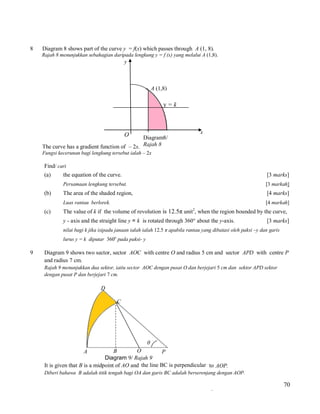 8

Diagram 8 shows part of the curve y = f(x) which passes through A (1, 8).
Rajah 8 menunjukkan sebahagian daripada lengkung y = f (x) yang melalui A (1,8).

y

• A (1,8)

y=k

x

O

Diagram8/
The curve has a gradient function of – 2x. Rajah 8
Fungsi kecerunan bagi lengkung tersebut ialah – 2x

Find/ cari
(a)

[3 marks]

Persamaan lengkung tersebut.

(b)

the equation of the curve.

[3 markah]

The area of the shaded region,

[4 marks]

Luas rantau berlorek.

(c)

[4 markah]
2

The value of k if the volume of revolution is 12.5π unit , when the region bounded by the curve,
y - axis and the straight line y = k is rotated through 360° about the y-axis.

[3 marks]

nilai bagi k jika isipadu janaan ialah ialah 12.5 π apabila rantau yang dibatasi oleh paksi –y dan garis
lurus y = k diputar 360o pada paksi- y

9

Diagram 9 shows two sector, sector AOC with centre O and radius 5 cm and sector APD with centre P
and radius 7 cm.
Rajah 9 menunjukkan dua sektor, iaitu sector AOC dengan pusat O dan berjejari 5 cm dan sektor APD sektor
dengan pusat P dan berjejari 7 cm.

D
C

θ
O
B
P
Diagram 9/ Rajah 9
It is given that B is a midpoint of AO and the line BC is perpendicular to AOP.
A

Diberi bahawa B adalah titik tengah bagi OA dan garis BC adalah berserenjang dengan AOP.

.

70

 