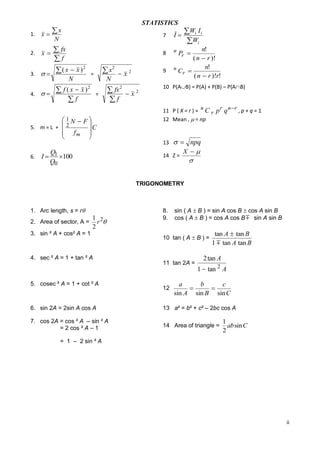 1.

x
x
N

2.

STATISTICS

fx
x
f

3.  
4.

7
8

( x  x )2
N

=

 x2  x 2

f ( x  x )2
 
=

f

n

9

N

 fx 2  x 2
f

1N  F
C

5. m = L + 2

 f


m


6.

I

Q
I  1 100
Q0

Wi I i
Wi

n!
( n  r )!
n!
n
Cr 
( n  r )!r!
Pr 

10 P(AB) = P(A) + P(B) – P(AB)
11 P ( X = r ) = n C r p r q n  r , p + q = 1
12 Mean ,  = np

13

  npq

14 Z =

X 



TRIGONOMETRY

1. Arc length, s = r
2. Area of sector, A =

1 2
r 
2

3. sin ² A + cos² A = 1

4. sec ² A = 1 + tan ² A

5. cosec ² A = 1 + cot ² A

8.
9.

sin ( A  B ) = sin A cos B  cos A sin B
cos ( A  B ) = cos A cos B  sin A sin B

10 tan ( A  B ) =

11 tan 2A =

12

tan A  tan B
1  tan A tan B

2 tan A
1  tan 2 A

a
b
c


sin A sin B sin C

6. sin 2A = 2sin A cos A

13 a² = b² + c² – 2bc cos A

7. cos 2A = cos ² A – sin ² A
= 2 cos ² A – 1

14 Area of triangle =

1
ab sin C
2

= 1 – 2 sin ² A

ii

 