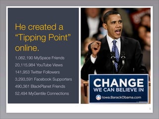 He created a
“Tipping Point”
online.
1,062,190 MySpace Friends
20,115,984 YouTube Views
141,953 Twitter Followers
3,293,59...