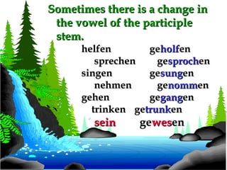 Sometimes there is a change in
 the vowel of the participle
 stem.
      helfen       geholfen
         sprechen    gesprochen
      singen       gesungen
         nehmen      genommen
      gehen        gegangen
        trinken getrunken
        sein       gewesen
               a
 