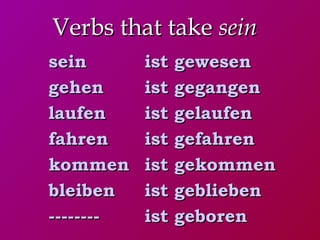 Verbs that take sein
sein       ist gewesen
gehen      ist gegangen
laufen     ist gelaufen
fahren     ist gefahren
kommen     ist gekommen
bleiben    ist geblieben
--------   ist geboren
 