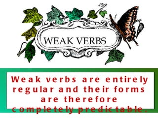 WEAK VERBS


W e a k v e r b s a r e e n t ir e ly
r e g u la r a n d t h e ir f o r m s
        a re the re fo re
c o m p le t e ly p r e d ic t a b le .
 