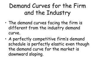 Demand Curves for the Firm
and the Industry
• The demand curves facing the firm is
different from the industry demand
curve.
• A perfectly competitive firm’s demand
schedule is perfectly elastic even though
the demand curve for the market is
downward sloping.
 
