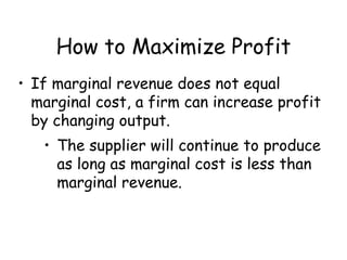 How to Maximize Profit
• If marginal revenue does not equal
marginal cost, a firm can increase profit
by changing output.
• The supplier will continue to produce
as long as marginal cost is less than
marginal revenue.
 