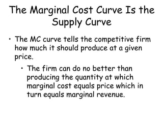 The Marginal Cost Curve Is the
Supply Curve
• The MC curve tells the competitive firm
how much it should produce at a given
price.
• The firm can do no better than
producing the quantity at which
marginal cost equals price which in
turn equals marginal revenue.
 