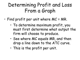 Determining Profit and Loss
From a Graph
• Find profit per unit where MC = MR.
• To determine maximum profit, you
must first determine what output the
firm will choose to produce.
• See where MC equals MR, and then
drop a line down to the ATC curve.
• This is the profit per unit.
 