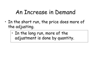 An Increase in Demand
• In the short run, the price does more of
the adjusting.
• In the long run, more of the
adjustment is done by quantity.
 