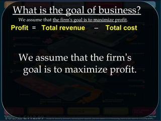 Profit = Total revenue – Total cost
What is the goal of business?
We assume that the firm’s goal is to maximize profit.
We assume that the firm’s
goal is to maximize profit.
 
